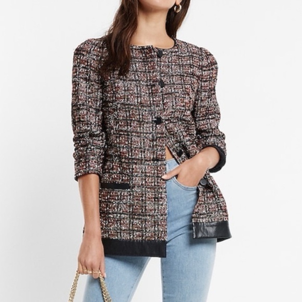 Express Tweed Jacket with Faux Leather Trim – Pink & Black Plaid